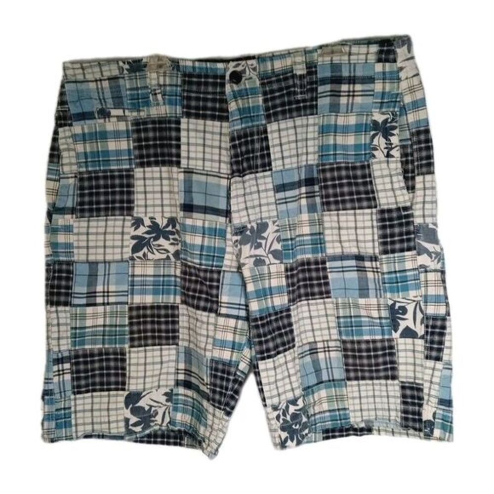 Vintage American Eagle Madras Shorts 42 Plaid‎ Patchwork Blue Longer Length Y2k